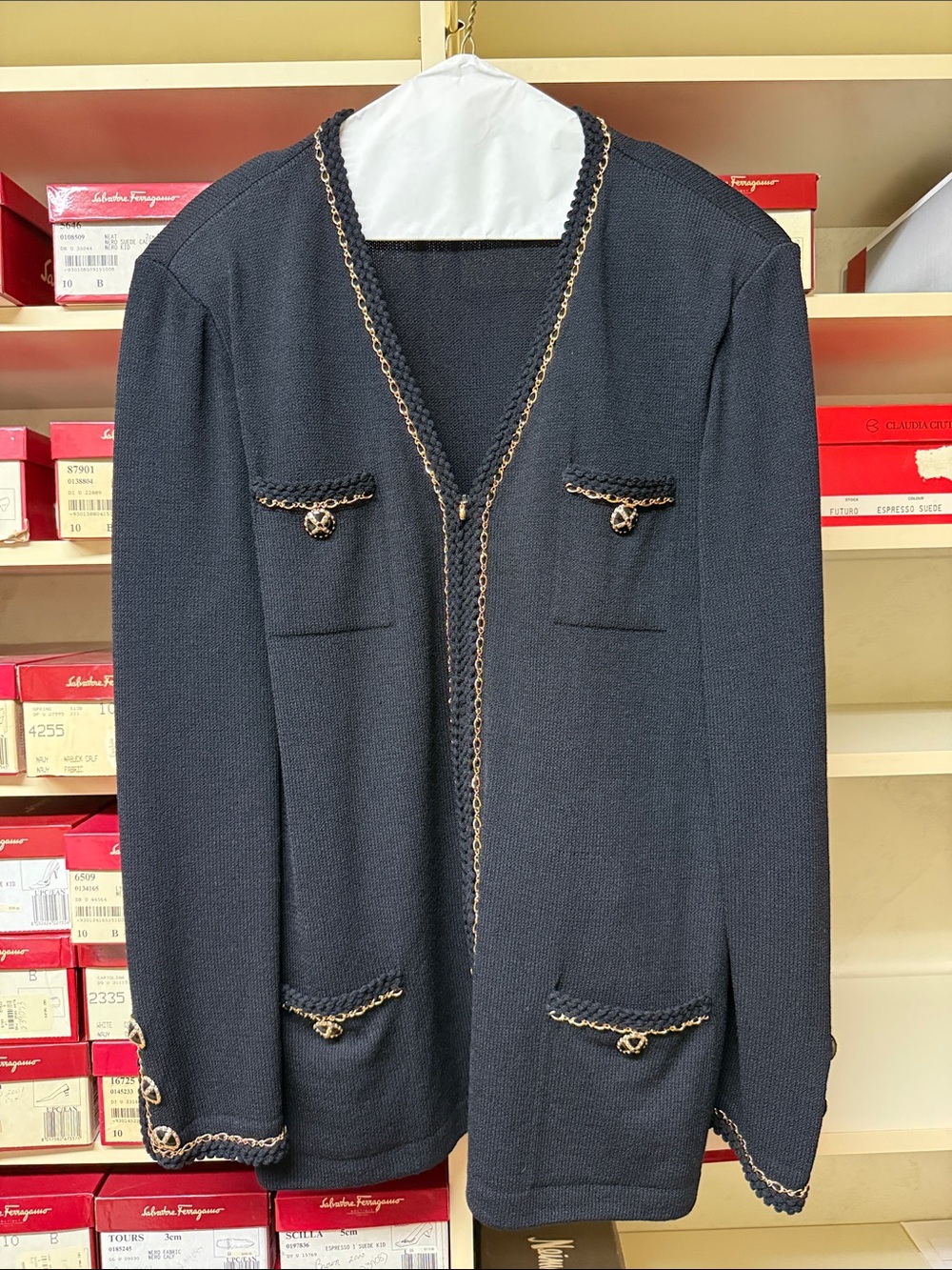 St. John Collection longline Black Cardigan with gold Chain-Trim and braiding